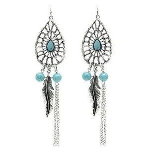 Silver Teardrop Ethnic Feather & Chain Fringe Turquoise Bead BOHO Earrings